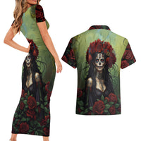 Day of Dead Lady Couples Matching Short Sleeve Bodycon Dress and Hawaiian Shirt Sugar Skull Rose Lady - Wonder Print Shop