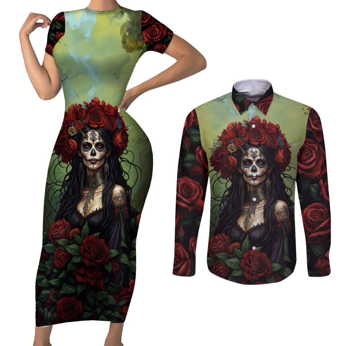Day of Dead Lady Couples Matching Short Sleeve Bodycon Dress and Long Sleeve Button Shirt Sugar Skull Rose Lady - Wonder Print Shop