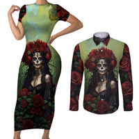 Day of Dead Lady Couples Matching Short Sleeve Bodycon Dress and Long Sleeve Button Shirt Sugar Skull Rose Lady - Wonder Print Shop