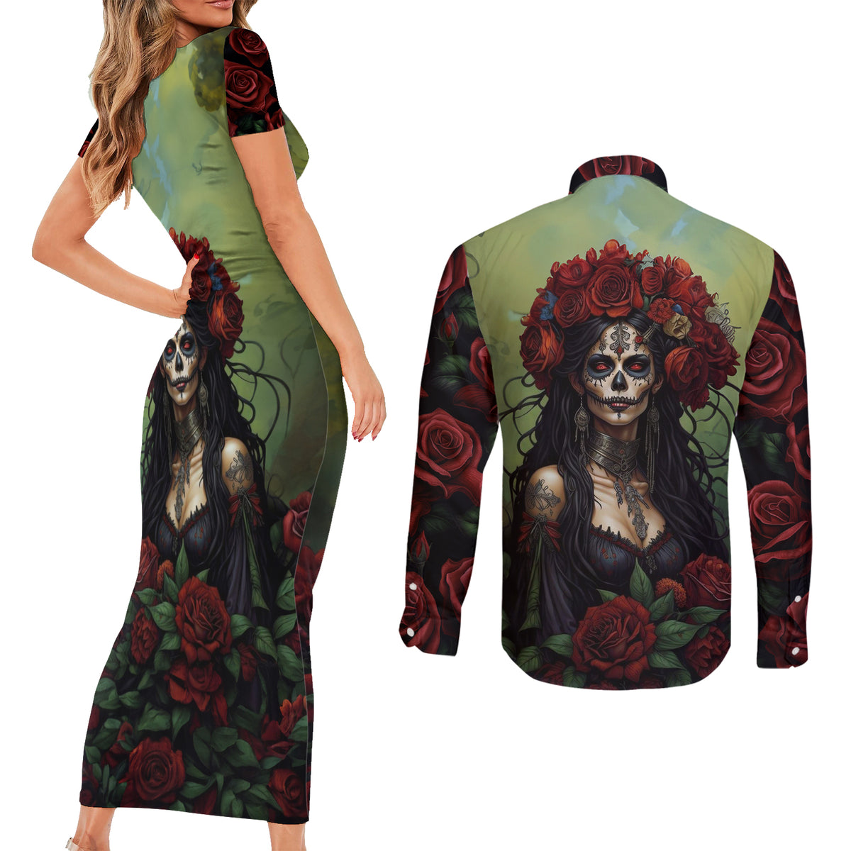 Day of Dead Lady Couples Matching Short Sleeve Bodycon Dress and Long Sleeve Button Shirt Sugar Skull Rose Lady - Wonder Print Shop