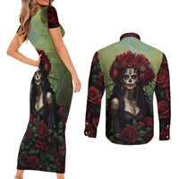 Day of Dead Lady Couples Matching Short Sleeve Bodycon Dress and Long Sleeve Button Shirt Sugar Skull Rose Lady - Wonder Print Shop