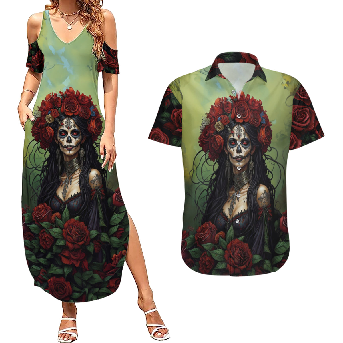 Day of Dead Lady Couples Matching Summer Maxi Dress and Hawaiian Shirt Sugar Skull Rose Lady - Wonder Print Shop