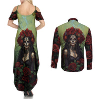 Day of Dead Lady Couples Matching Summer Maxi Dress and Long Sleeve Button Shirt Sugar Skull Rose Lady - Wonder Print Shop