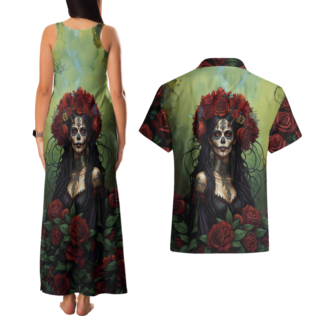 Day of Dead Lady Couples Matching Tank Maxi Dress and Hawaiian Shirt Sugar Skull Rose Lady - Wonder Print Shop