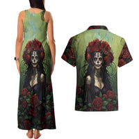 Day of Dead Lady Couples Matching Tank Maxi Dress and Hawaiian Shirt Sugar Skull Rose Lady - Wonder Print Shop