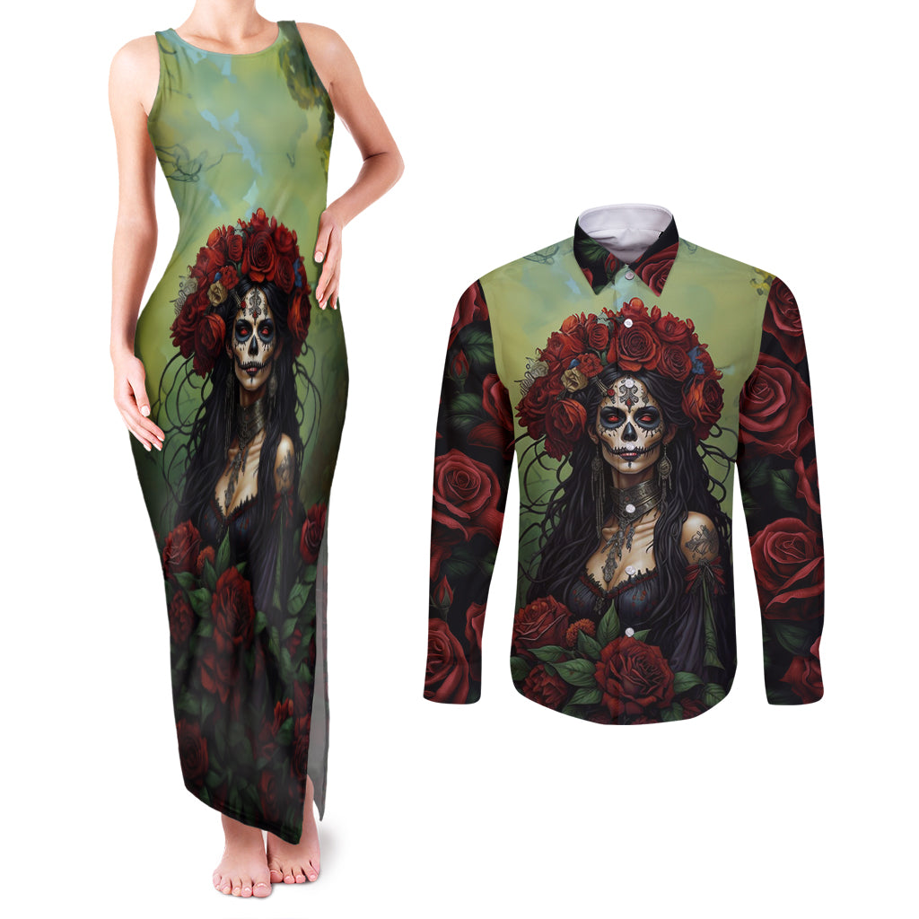 Day of Dead Lady Couples Matching Tank Maxi Dress and Long Sleeve Button Shirt Sugar Skull Rose Lady - Wonder Print Shop