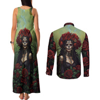 Day of Dead Lady Couples Matching Tank Maxi Dress and Long Sleeve Button Shirt Sugar Skull Rose Lady - Wonder Print Shop