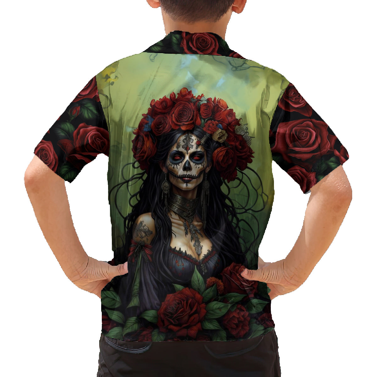 Day of Dead Lady Family Matching Long Sleeve Bodycon Dress and Hawaiian Shirt Sugar Skull Rose Lady - Wonder Print Shop