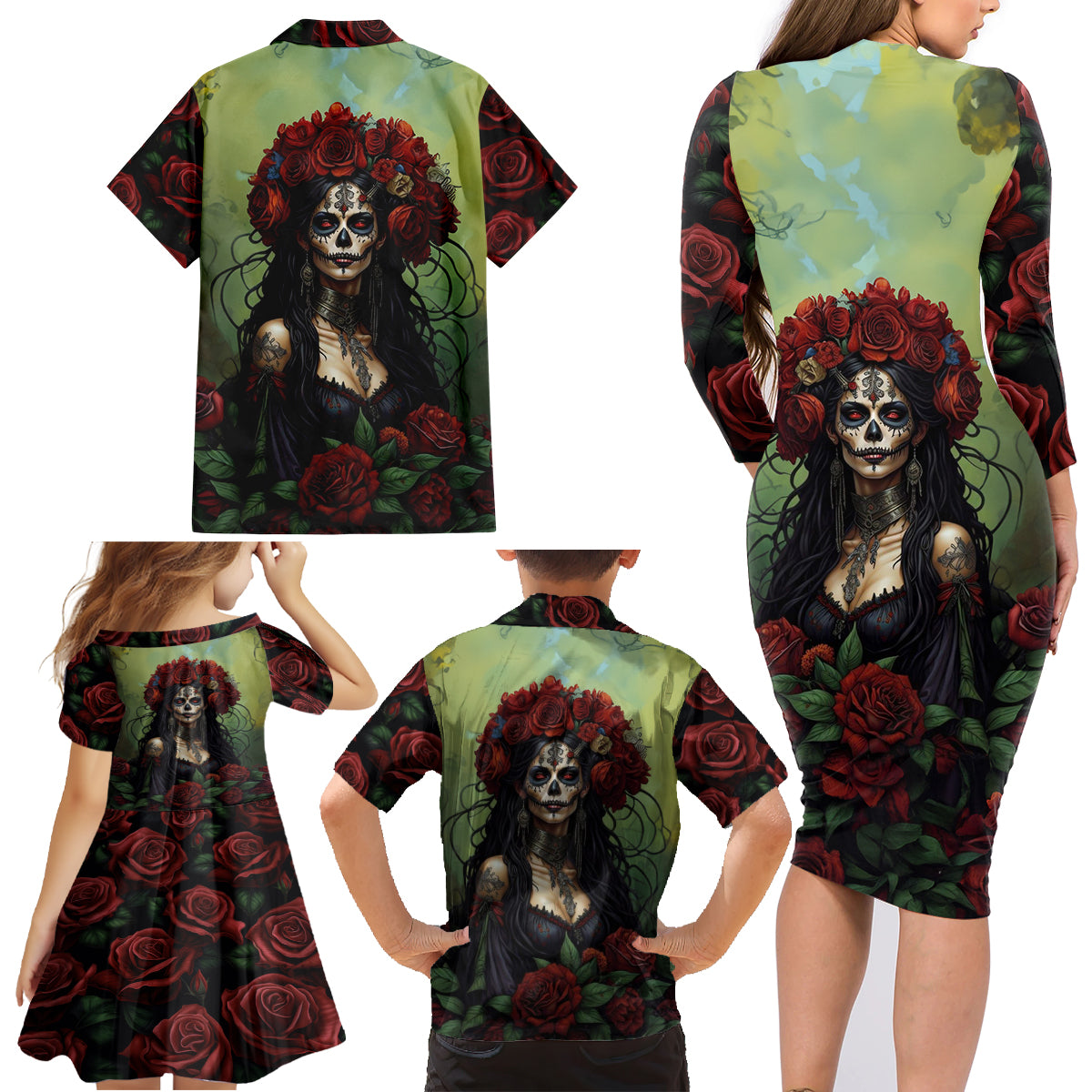 Day of Dead Lady Family Matching Long Sleeve Bodycon Dress and Hawaiian Shirt Sugar Skull Rose Lady - Wonder Print Shop