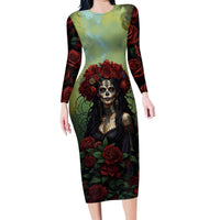 Day of Dead Lady Family Matching Long Sleeve Bodycon Dress and Hawaiian Shirt Sugar Skull Rose Lady - Wonder Print Shop