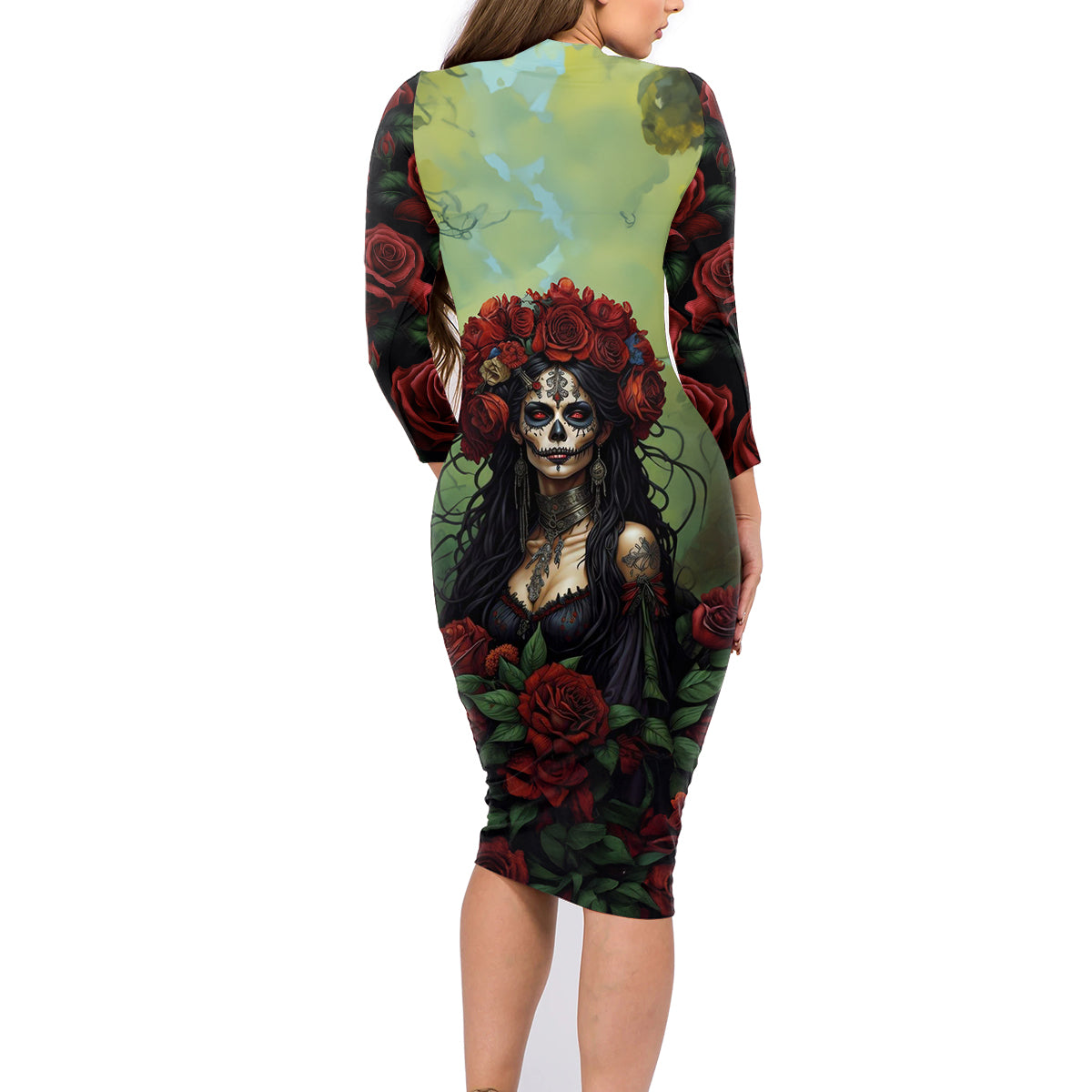 Day of Dead Lady Family Matching Long Sleeve Bodycon Dress and Hawaiian Shirt Sugar Skull Rose Lady - Wonder Print Shop