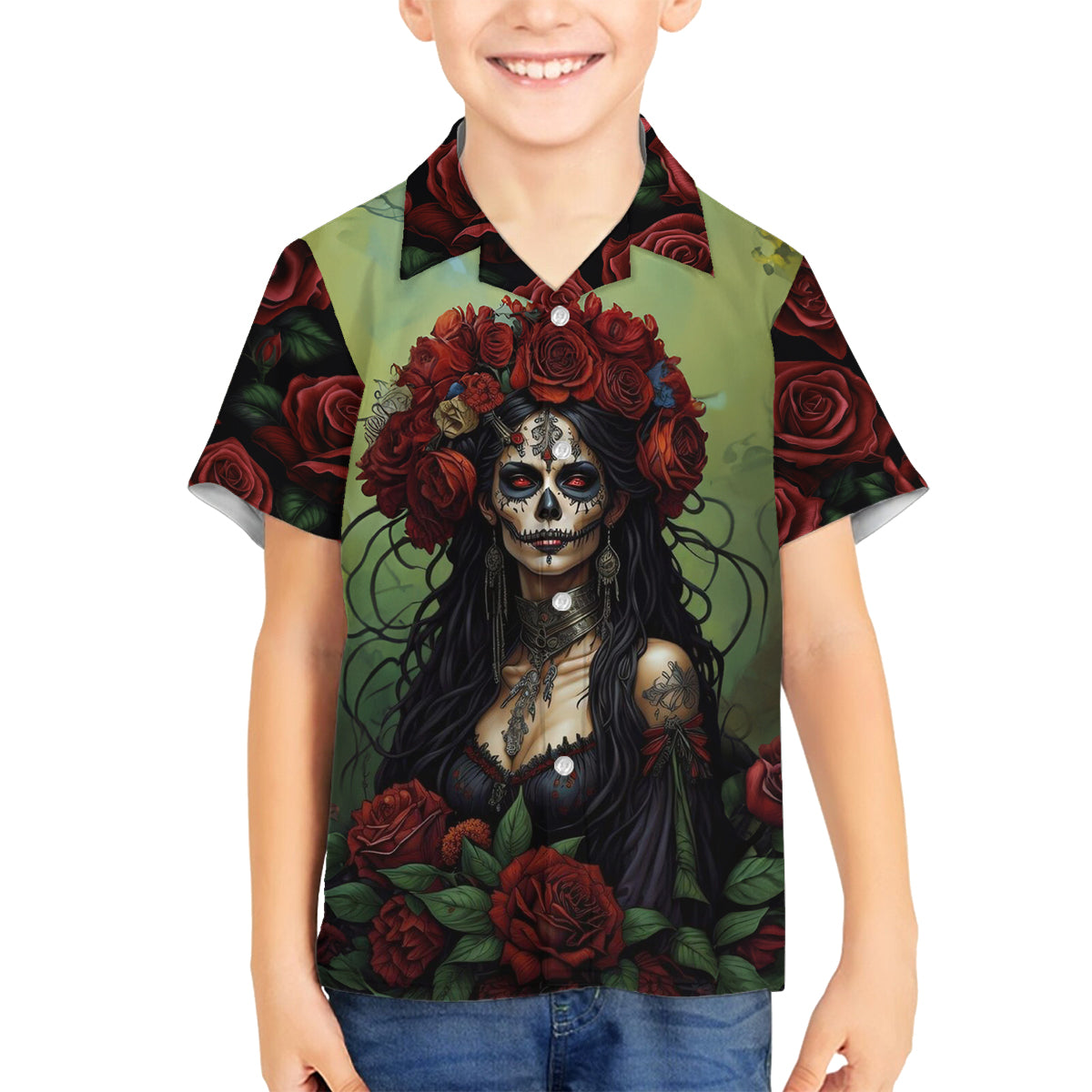 Day of Dead Lady Family Matching Long Sleeve Bodycon Dress and Hawaiian Shirt Sugar Skull Rose Lady - Wonder Print Shop