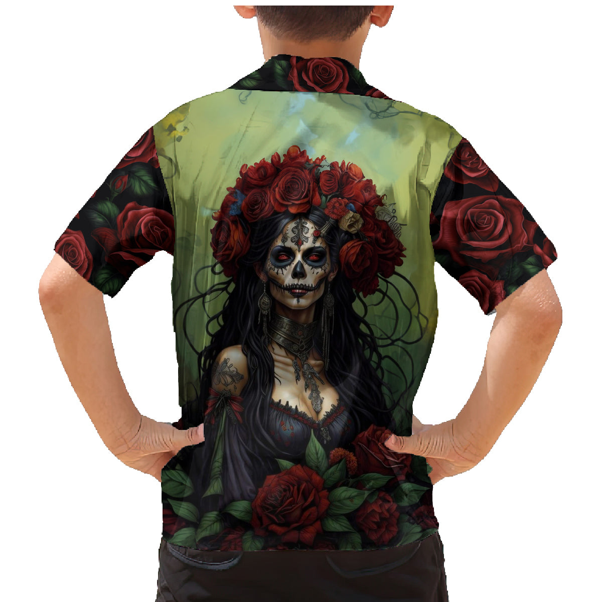 Day of Dead Lady Family Matching Mermaid Dress and Hawaiian Shirt Sugar Skull Rose Lady - Wonder Print Shop