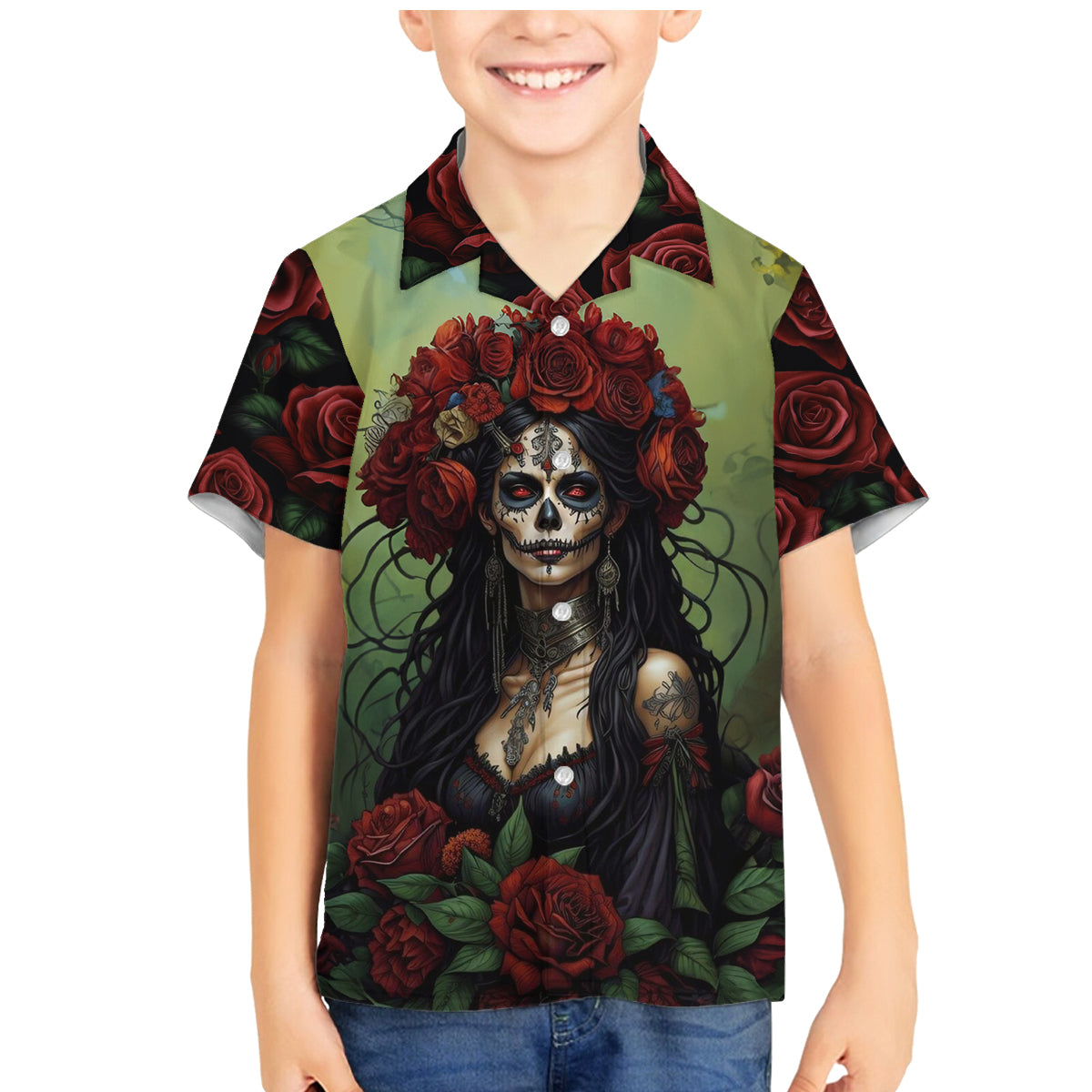 Day of Dead Lady Family Matching Mermaid Dress and Hawaiian Shirt Sugar Skull Rose Lady - Wonder Print Shop