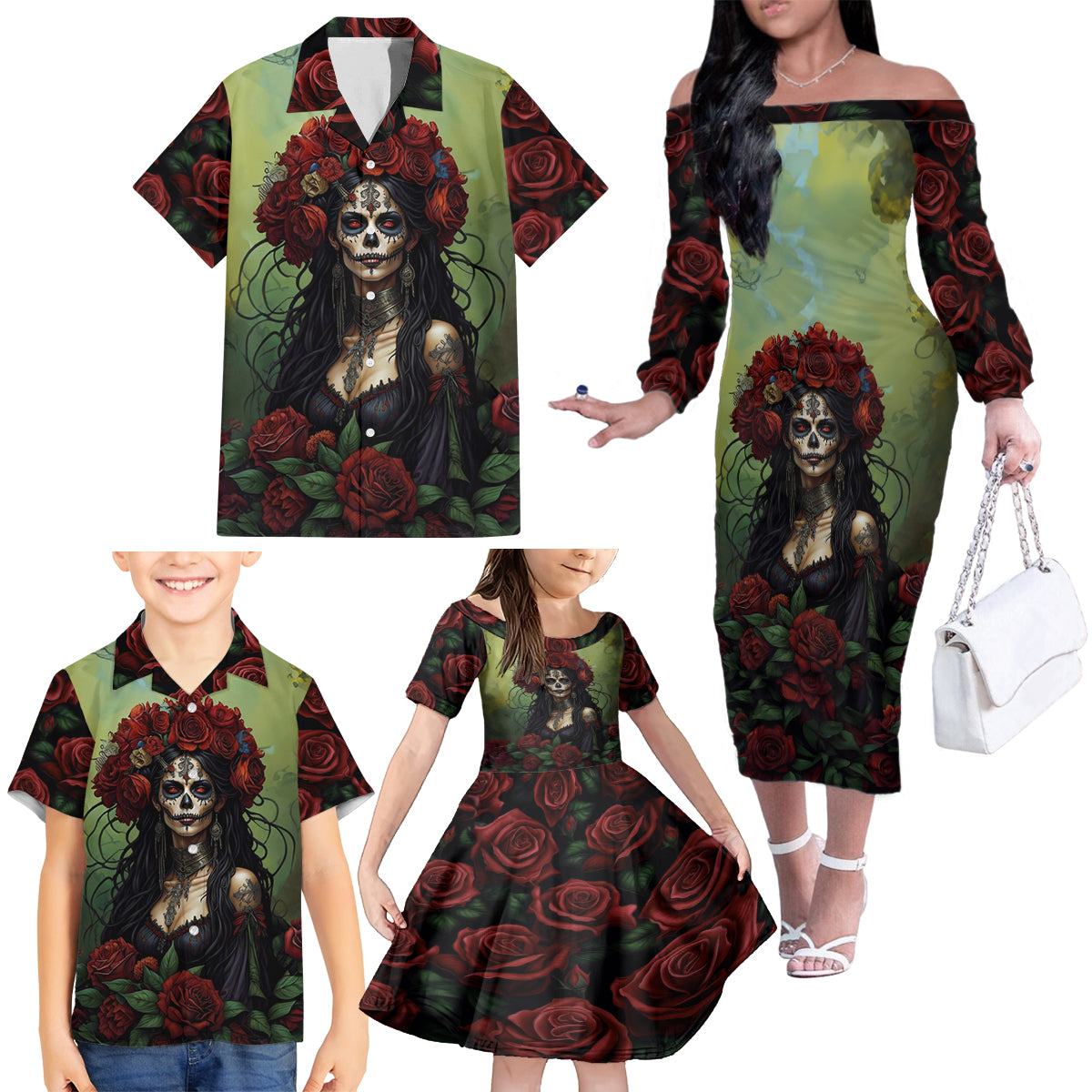 Day of Dead Lady Family Matching Off Shoulder Long Sleeve Dress and Hawaiian Shirt Sugar Skull Rose Lady - Wonder Print Shop
