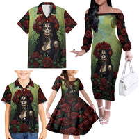 Day of Dead Lady Family Matching Off Shoulder Long Sleeve Dress and Hawaiian Shirt Sugar Skull Rose Lady - Wonder Print Shop