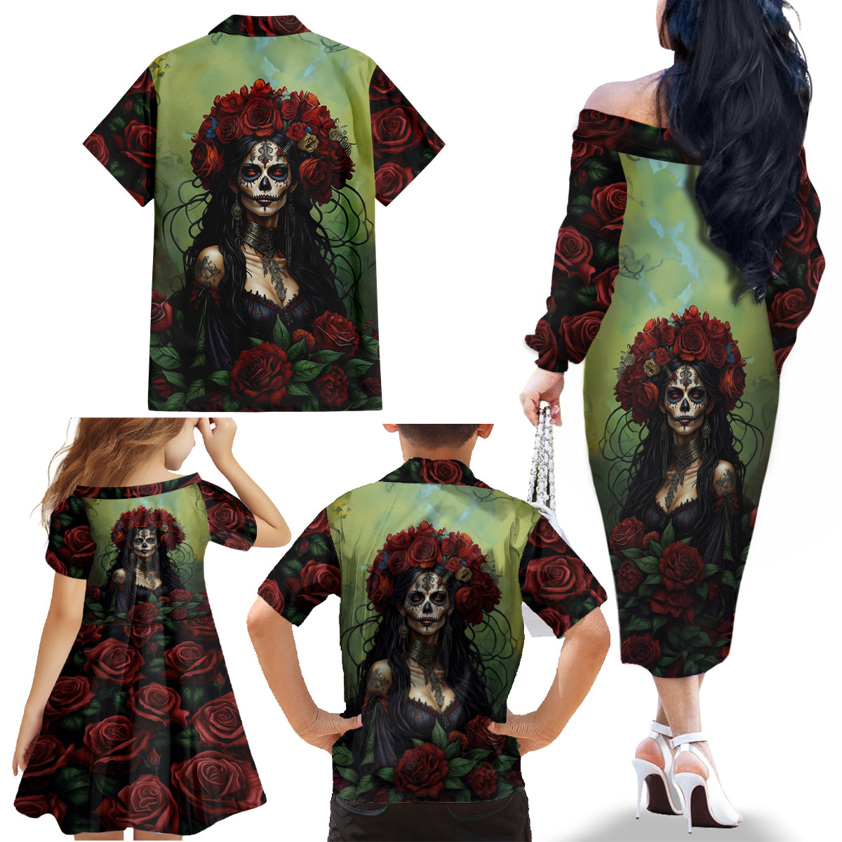 Day of Dead Lady Family Matching Off Shoulder Long Sleeve Dress and Hawaiian Shirt Sugar Skull Rose Lady - Wonder Print Shop