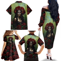 Day of Dead Lady Family Matching Off Shoulder Long Sleeve Dress and Hawaiian Shirt Sugar Skull Rose Lady - Wonder Print Shop