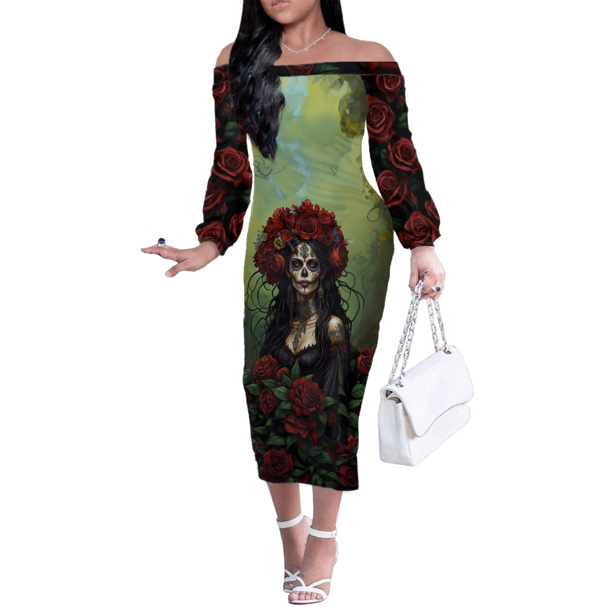 Day of Dead Lady Family Matching Off Shoulder Long Sleeve Dress and Hawaiian Shirt Sugar Skull Rose Lady - Wonder Print Shop