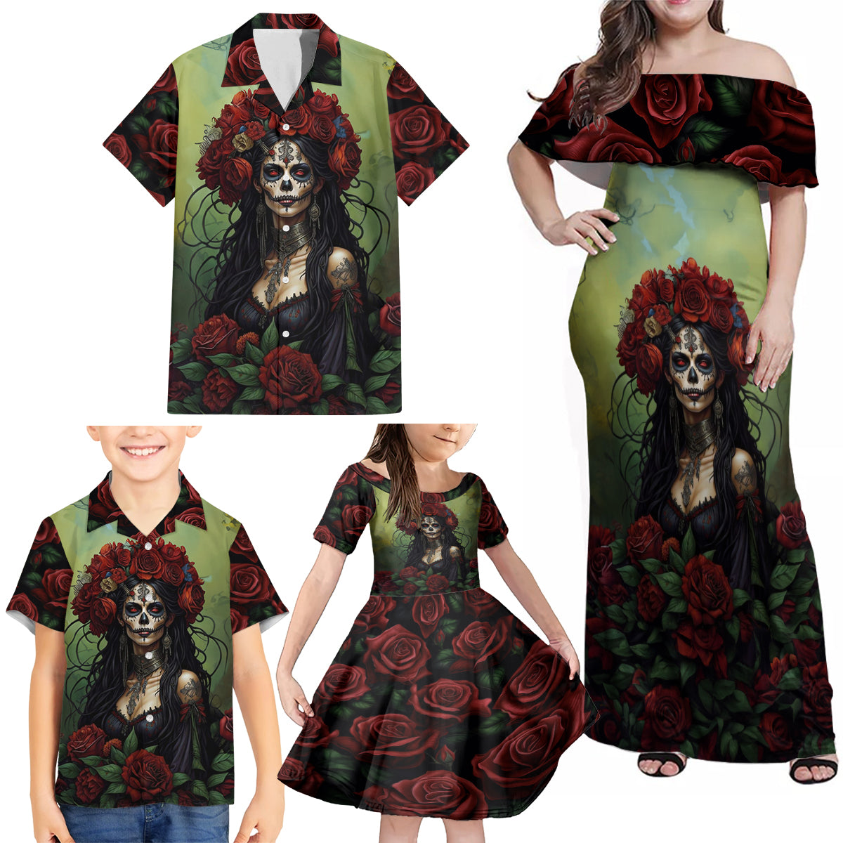Day of Dead Lady Family Matching Off Shoulder Maxi Dress and Hawaiian Shirt Sugar Skull Rose Lady - Wonder Print Shop