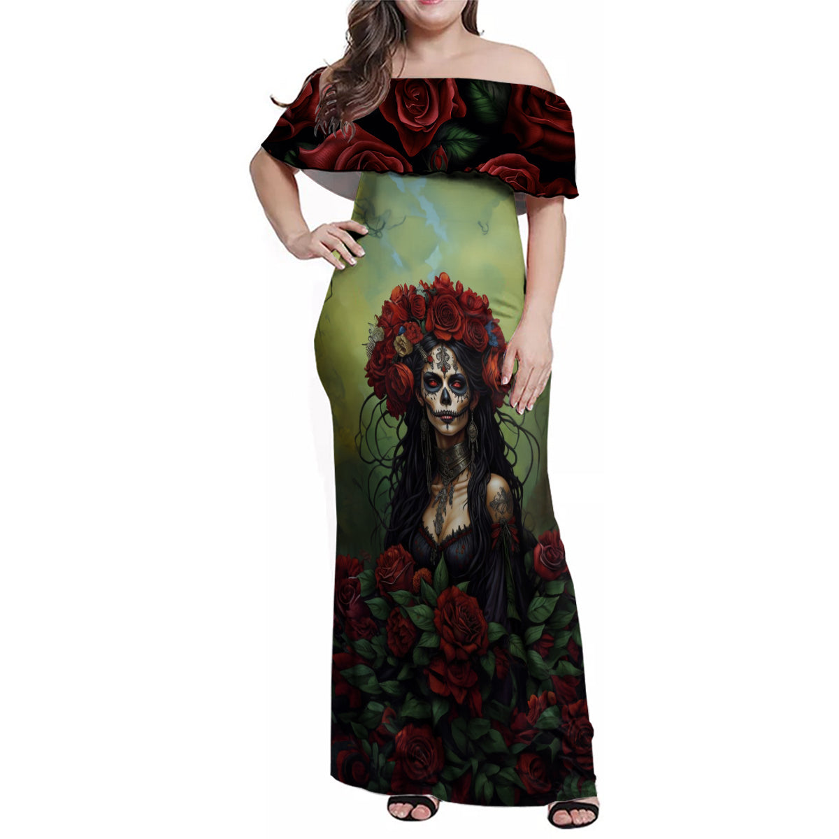 Day of Dead Lady Family Matching Off Shoulder Maxi Dress and Hawaiian Shirt Sugar Skull Rose Lady - Wonder Print Shop