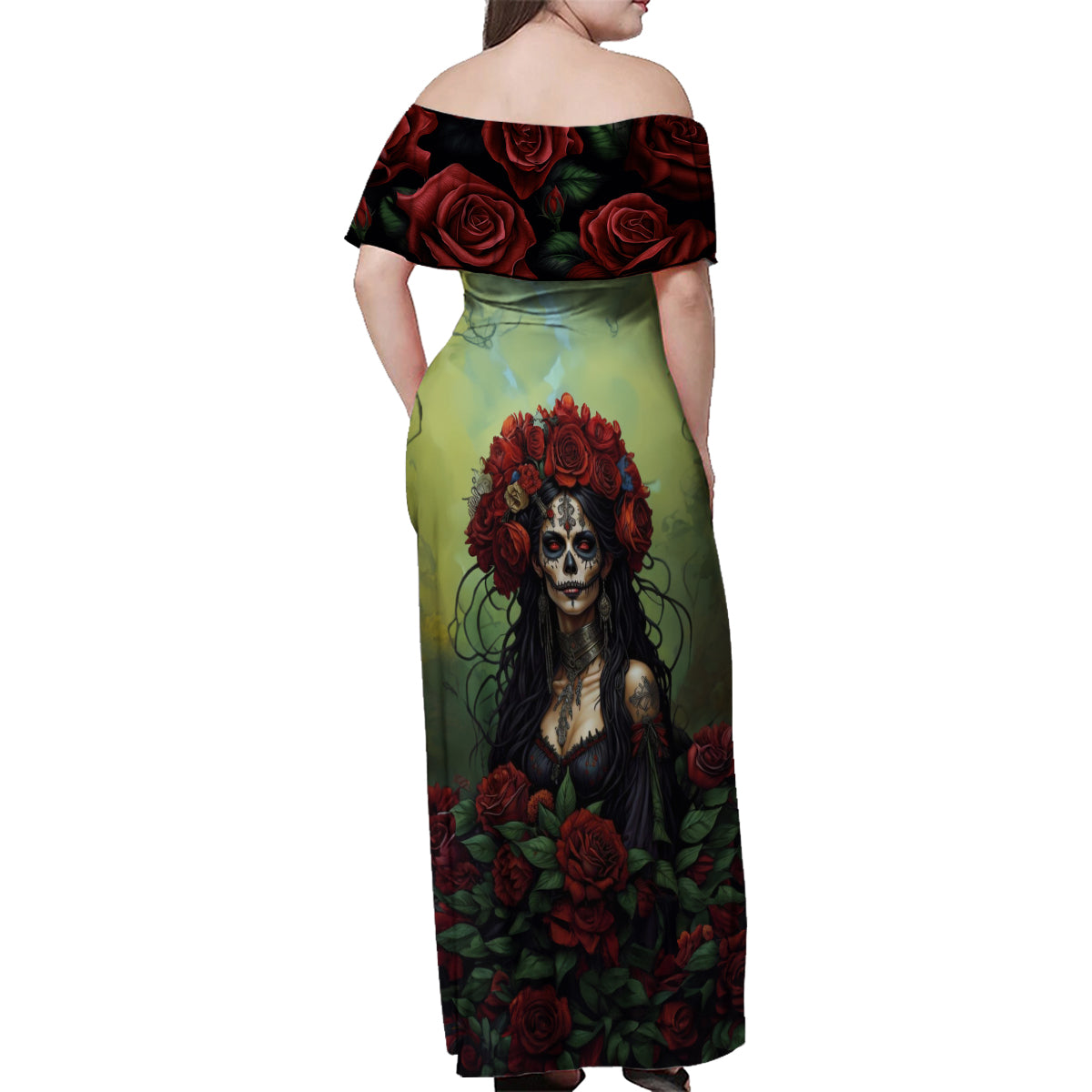 Day of Dead Lady Family Matching Off Shoulder Maxi Dress and Hawaiian Shirt Sugar Skull Rose Lady - Wonder Print Shop