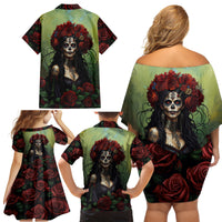 Day of Dead Lady Family Matching Off Shoulder Short Dress and Hawaiian Shirt Sugar Skull Rose Lady - Wonder Print Shop