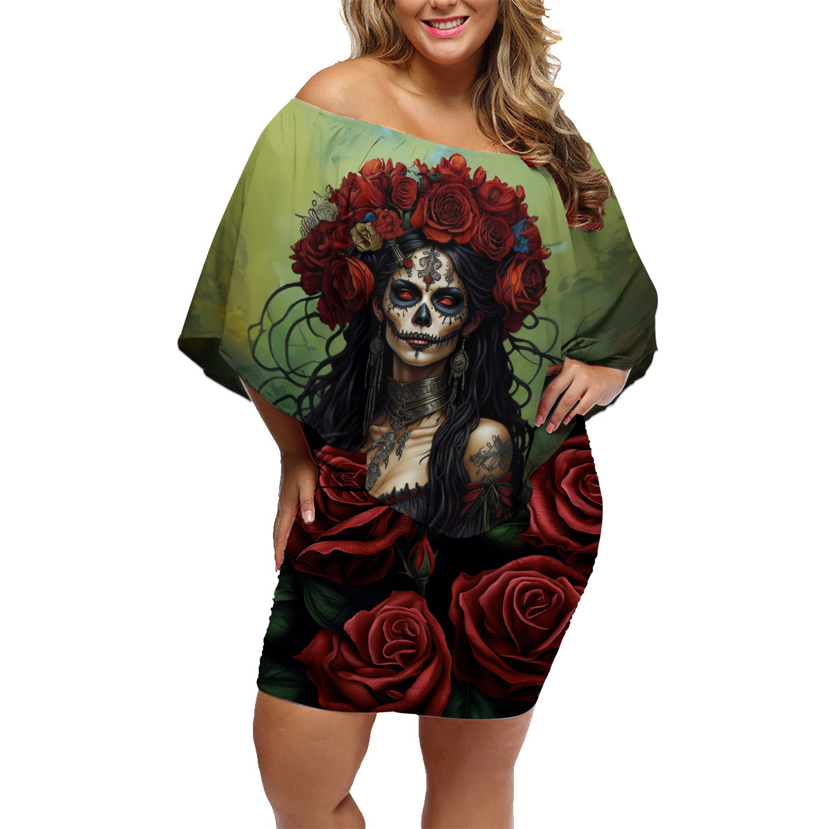 Day of Dead Lady Family Matching Off Shoulder Short Dress and Hawaiian Shirt Sugar Skull Rose Lady - Wonder Print Shop