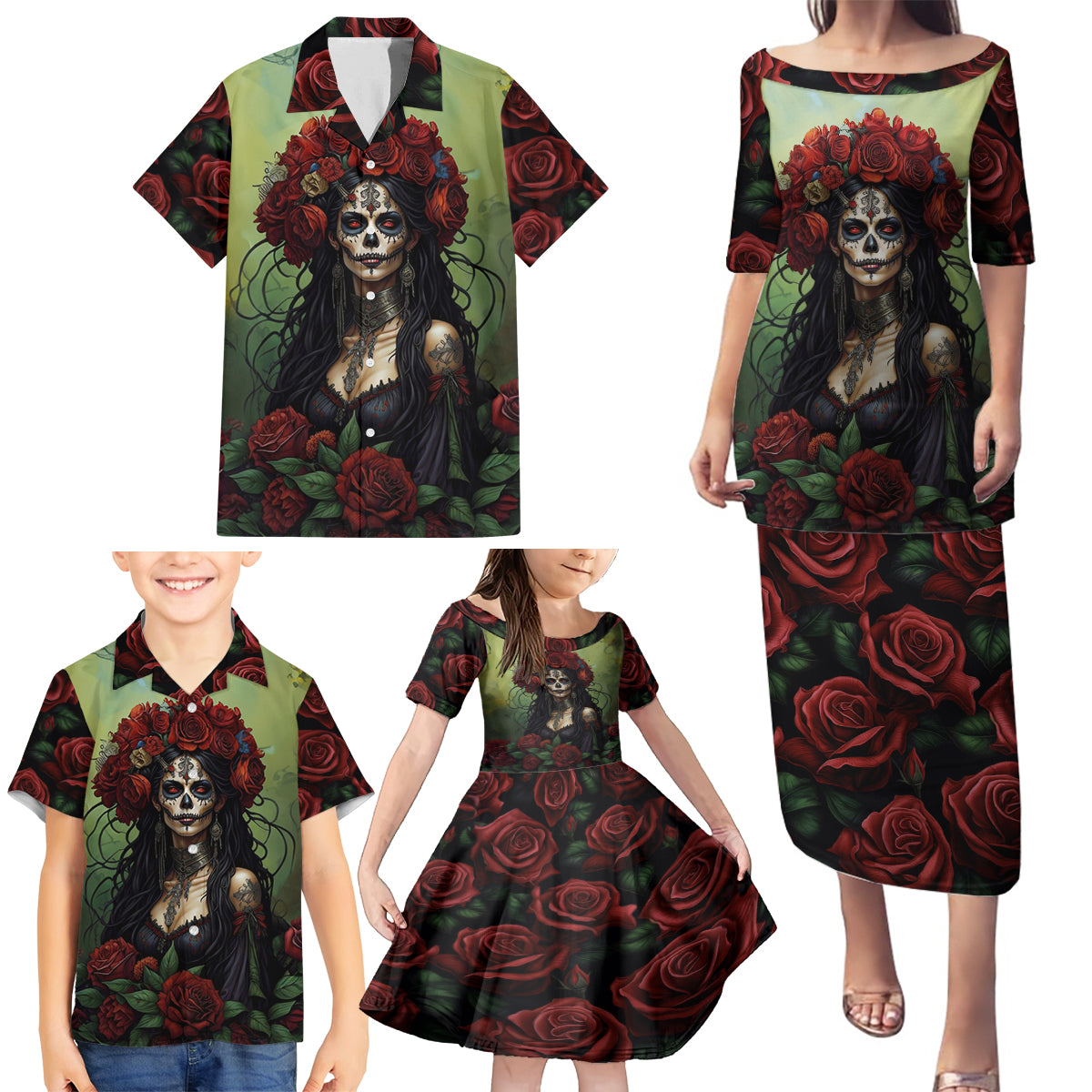 Day of Dead Lady Family Matching Puletasi Dress and Hawaiian Shirt Sugar Skull Rose Lady - Wonder Print Shop