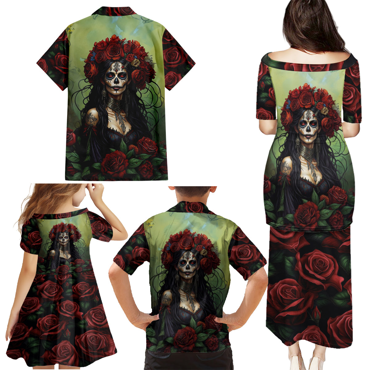 Day of Dead Lady Family Matching Puletasi Dress and Hawaiian Shirt Sugar Skull Rose Lady - Wonder Print Shop