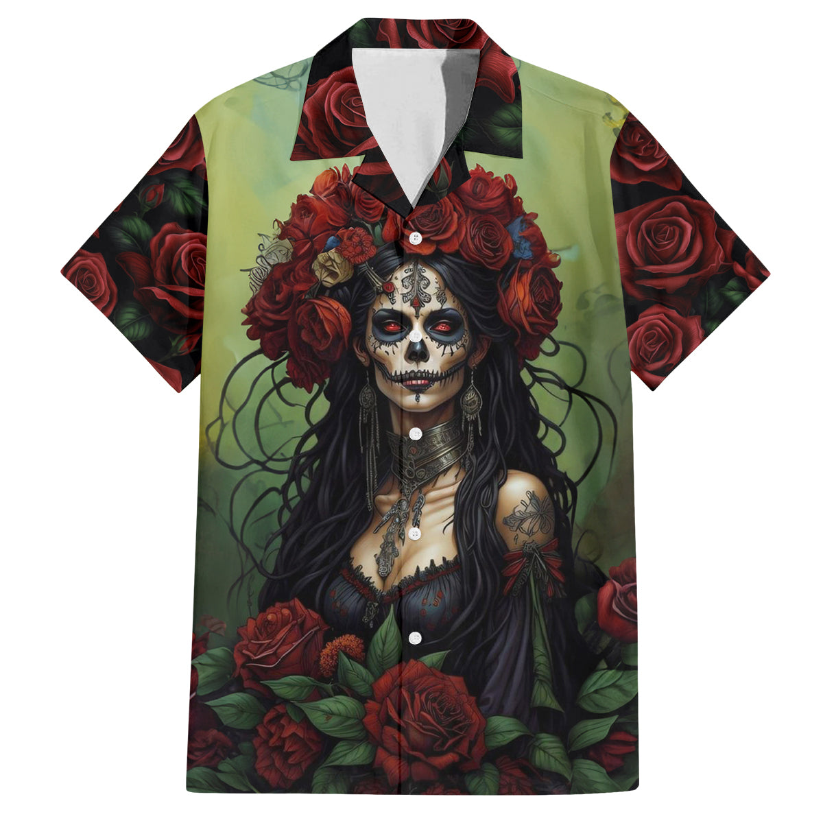 Day of Dead Lady Family Matching Puletasi Dress and Hawaiian Shirt Sugar Skull Rose Lady - Wonder Print Shop