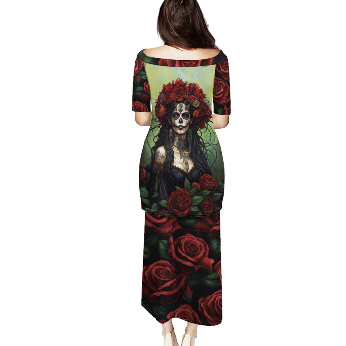 Day of Dead Lady Family Matching Puletasi Dress and Hawaiian Shirt Sugar Skull Rose Lady - Wonder Print Shop
