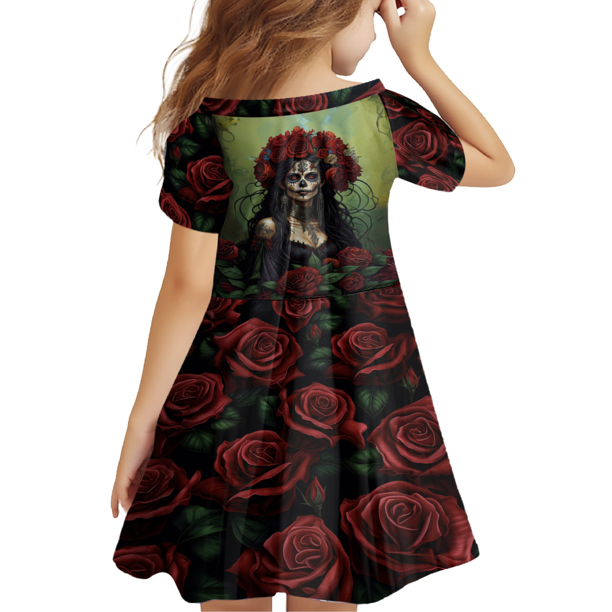 Day of Dead Lady Family Matching Short Sleeve Bodycon Dress and Hawaiian Shirt Sugar Skull Rose Lady - Wonder Print Shop