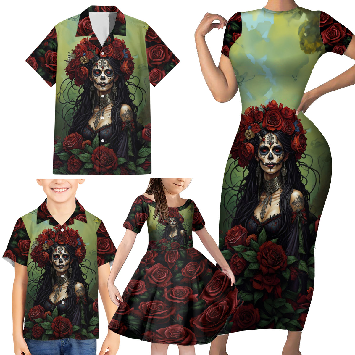 Day of Dead Lady Family Matching Short Sleeve Bodycon Dress and Hawaiian Shirt Sugar Skull Rose Lady - Wonder Print Shop