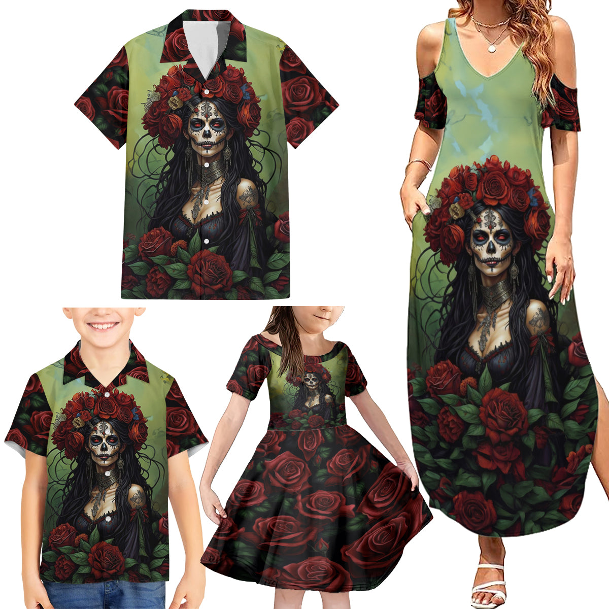 Day of Dead Lady Family Matching Summer Maxi Dress and Hawaiian Shirt Sugar Skull Rose Lady - Wonder Print Shop