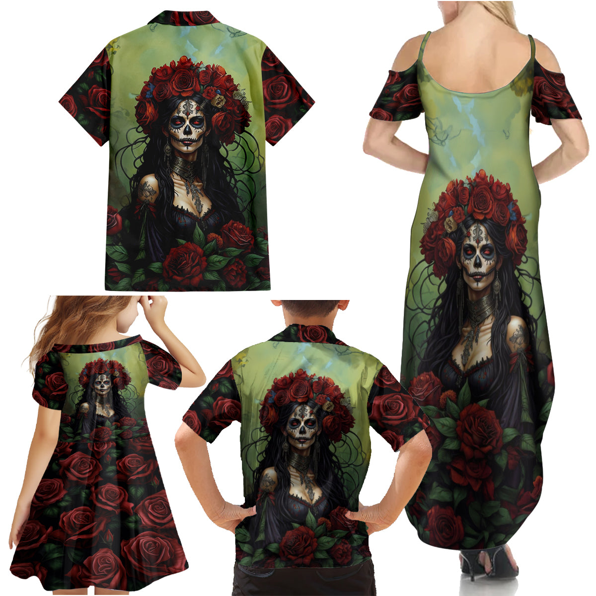 Day of Dead Lady Family Matching Summer Maxi Dress and Hawaiian Shirt Sugar Skull Rose Lady - Wonder Print Shop