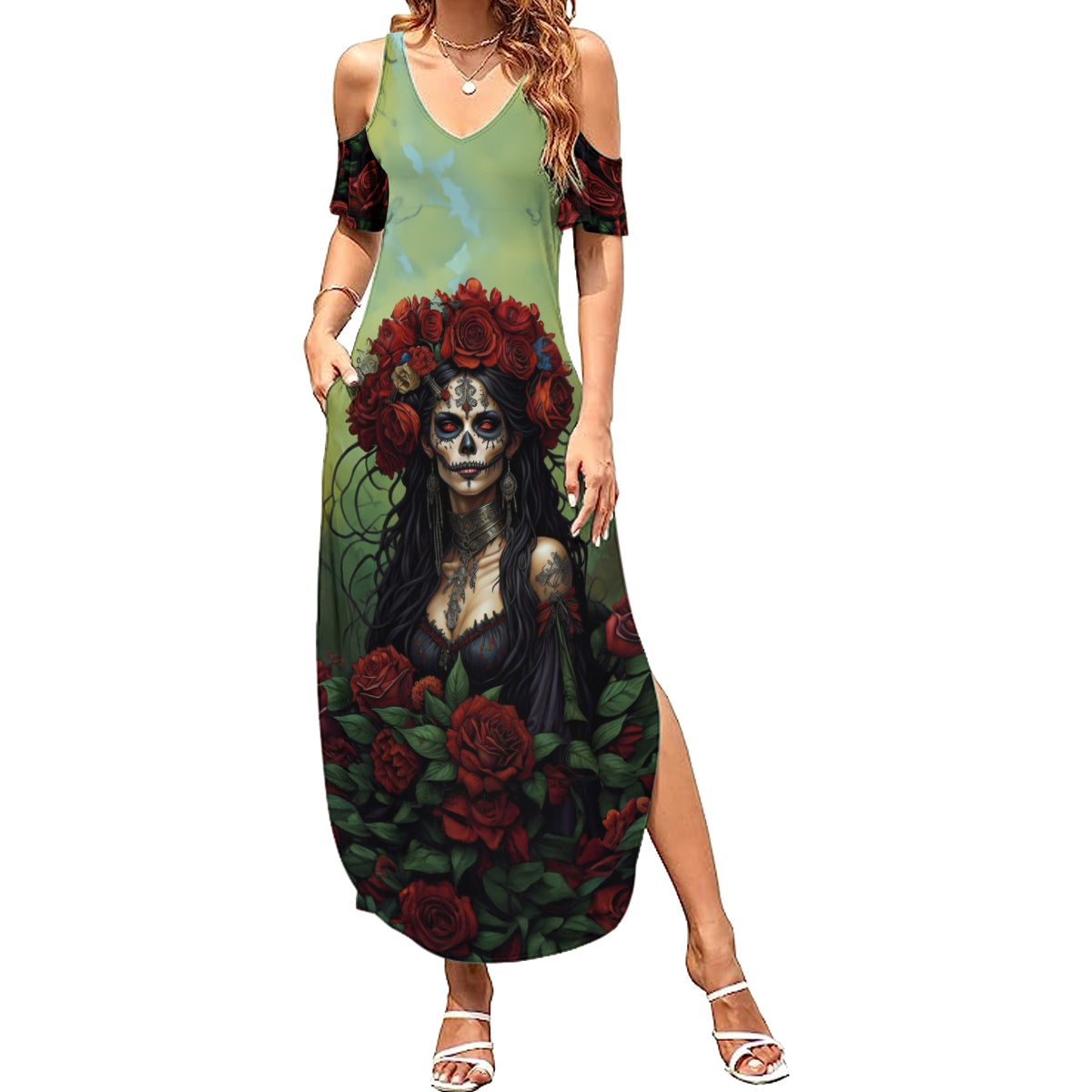 Day of Dead Lady Family Matching Summer Maxi Dress and Hawaiian Shirt Sugar Skull Rose Lady - Wonder Print Shop