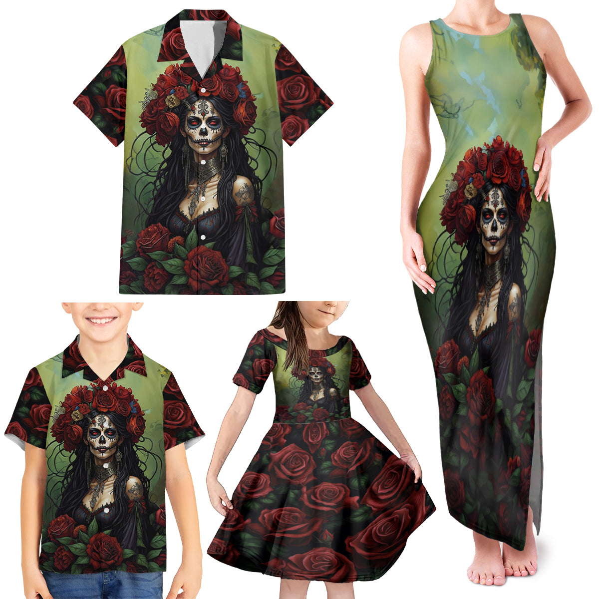Day of Dead Lady Family Matching Tank Maxi Dress and Hawaiian Shirt Sugar Skull Rose Lady - Wonder Print Shop