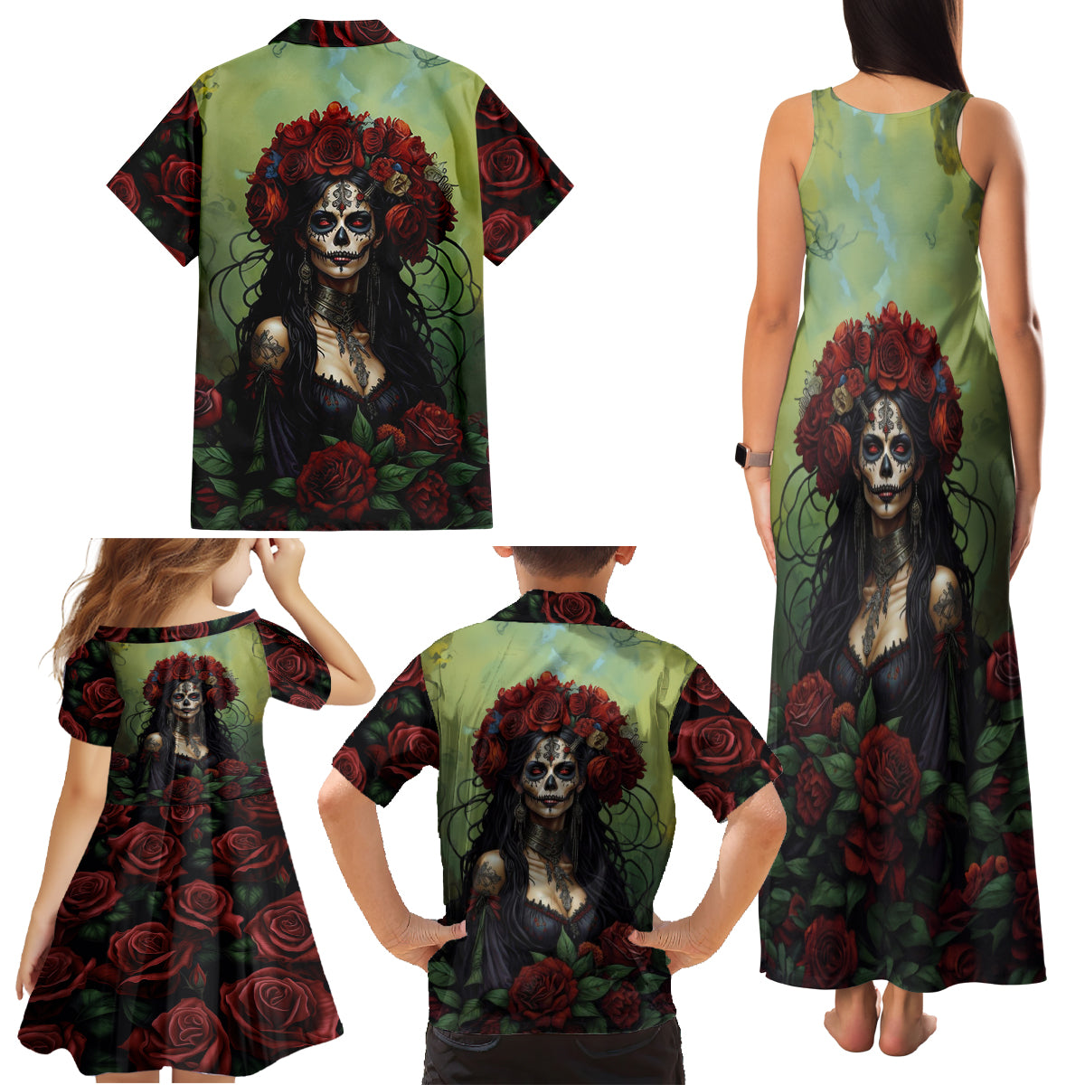 Day of Dead Lady Family Matching Tank Maxi Dress and Hawaiian Shirt Sugar Skull Rose Lady - Wonder Print Shop
