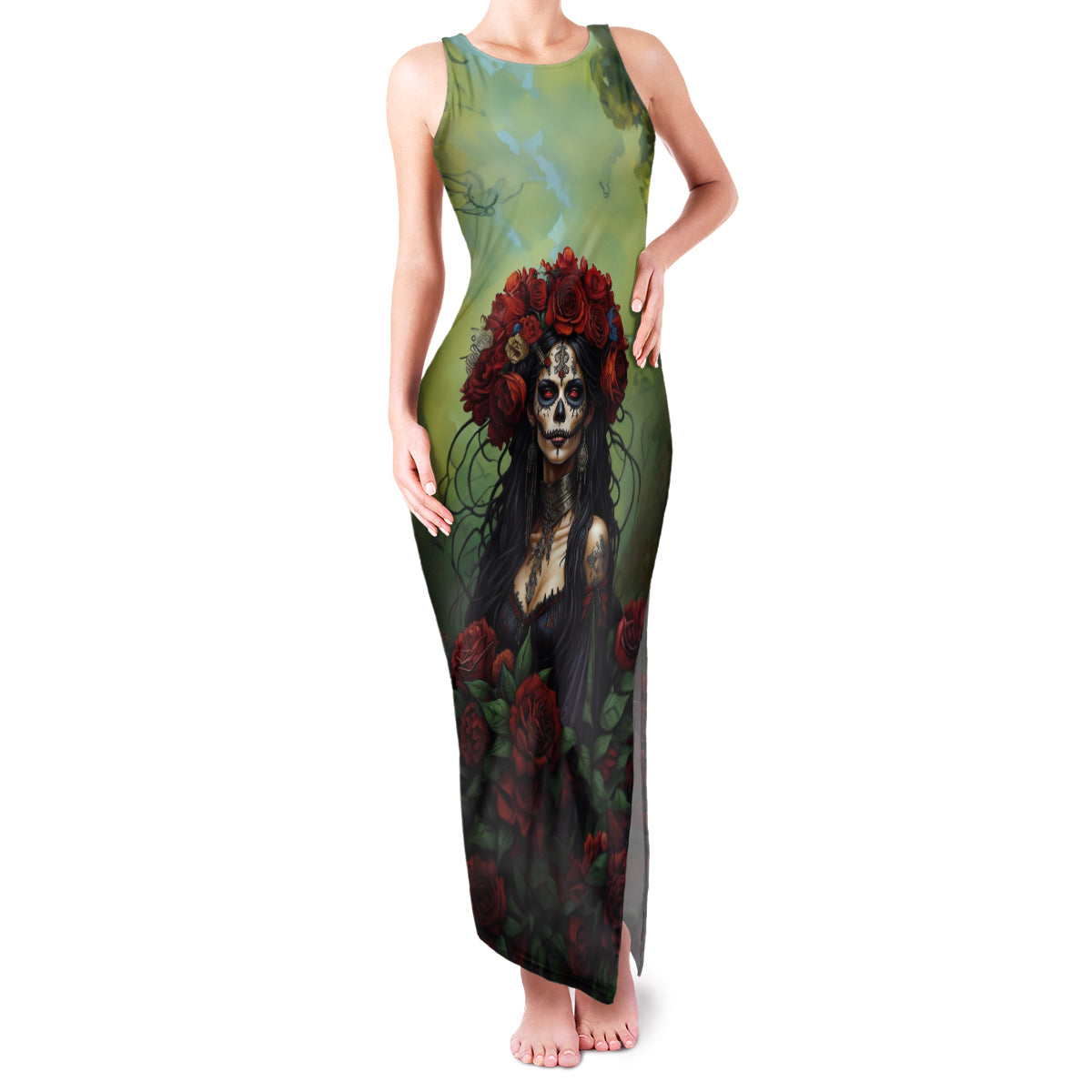 Day of Dead Lady Family Matching Tank Maxi Dress and Hawaiian Shirt Sugar Skull Rose Lady - Wonder Print Shop