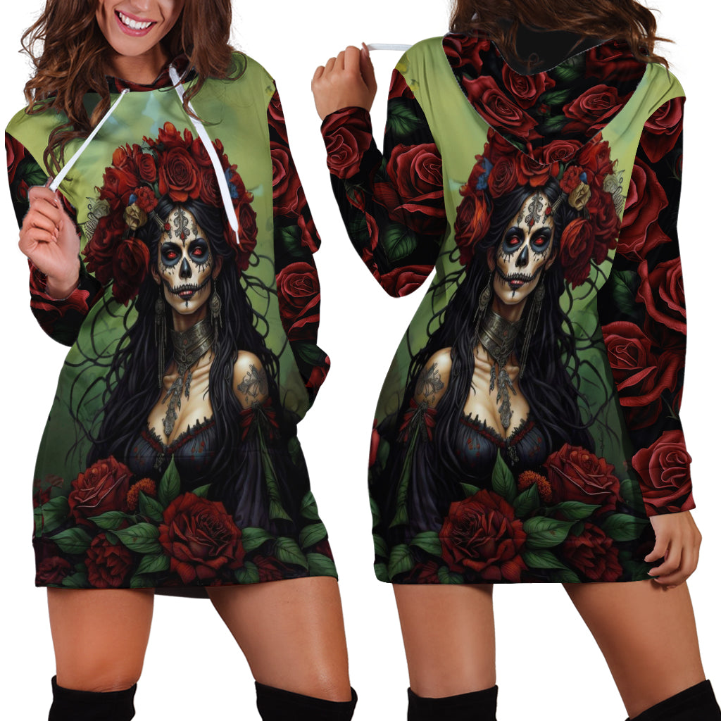 Day of Dead Lady Hoodie Dress Sugar Skull Rose Lady - Wonder Print Shop