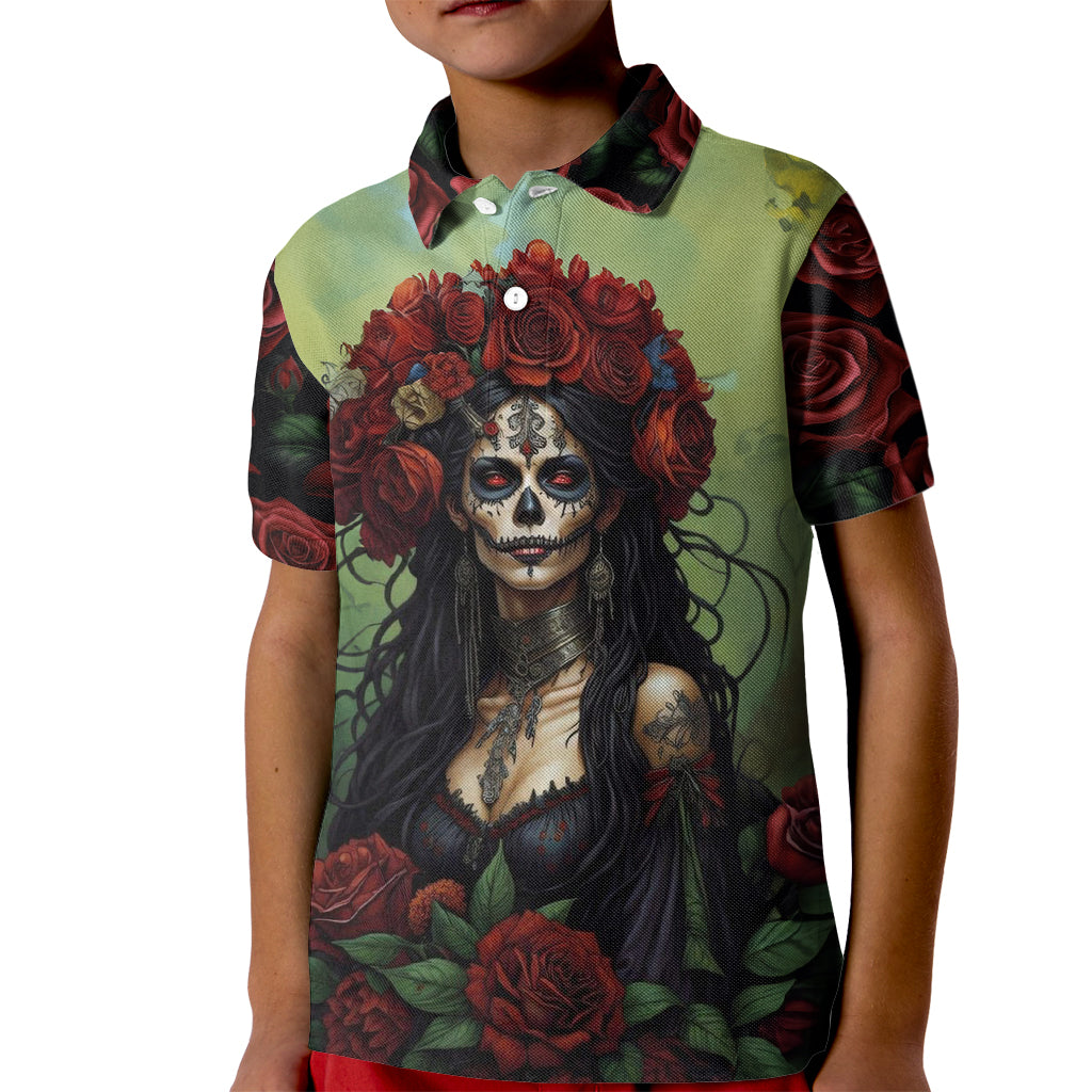 Day of Dead Lady Kid Polo Shirt Sugar Skull Rose Lady - Wonder Print Shop