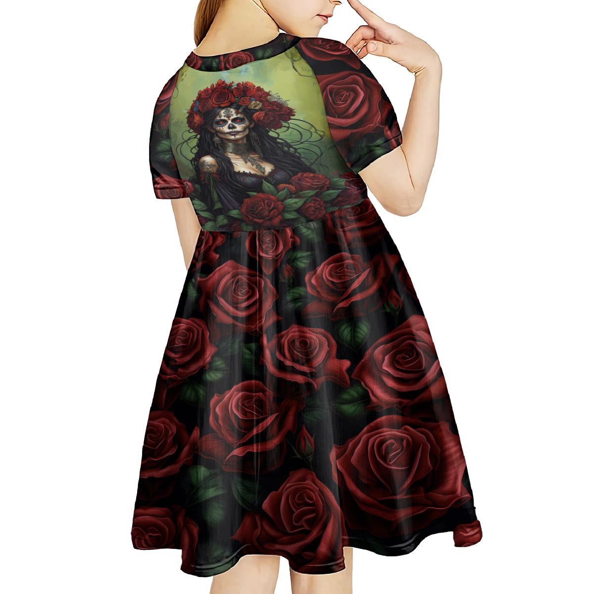 Day of Dead Lady Kid Short Sleeve Dress Sugar Skull Rose Lady - Wonder Print Shop