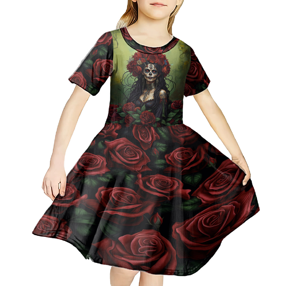 Day of Dead Lady Kid Short Sleeve Dress Sugar Skull Rose Lady - Wonder Print Shop