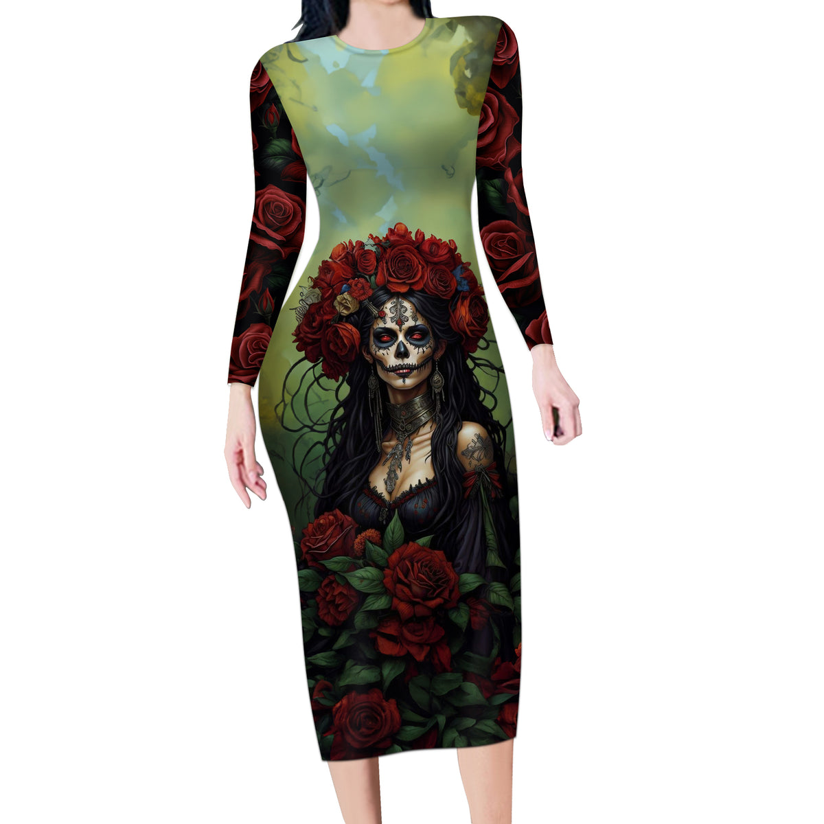 Day of Dead Lady Long Sleeve Bodycon Dress Sugar Skull Rose Lady - Wonder Print Shop