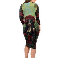 Day of Dead Lady Long Sleeve Bodycon Dress Sugar Skull Rose Lady - Wonder Print Shop