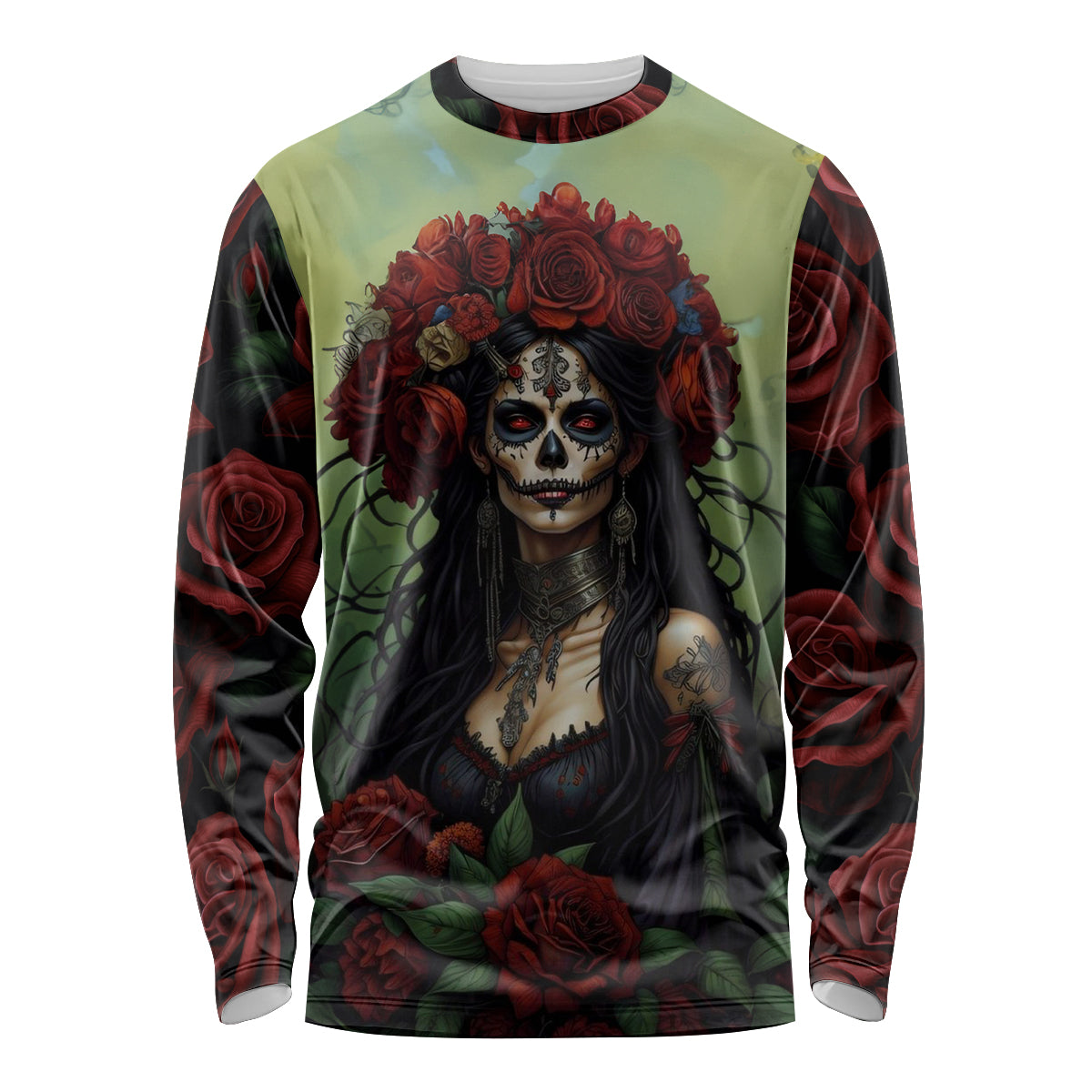 Day of Dead Lady Long Sleeve Shirt Sugar Skull Rose Lady - Wonder Print Shop