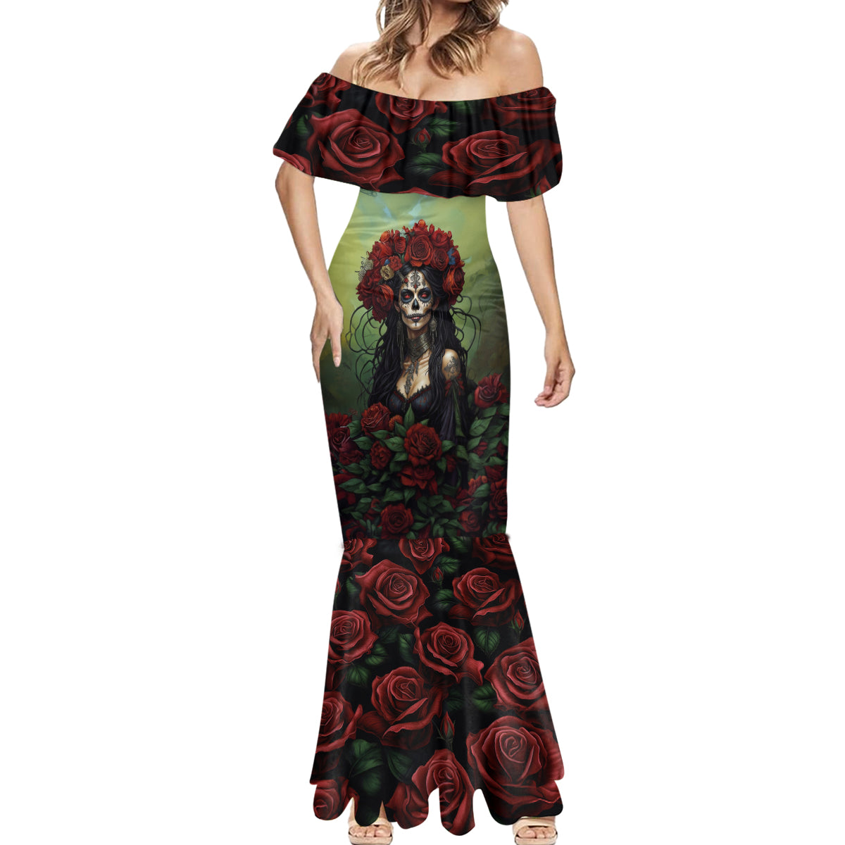Day of Dead Lady Mermaid Dress Sugar Skull Rose Lady - Wonder Print Shop