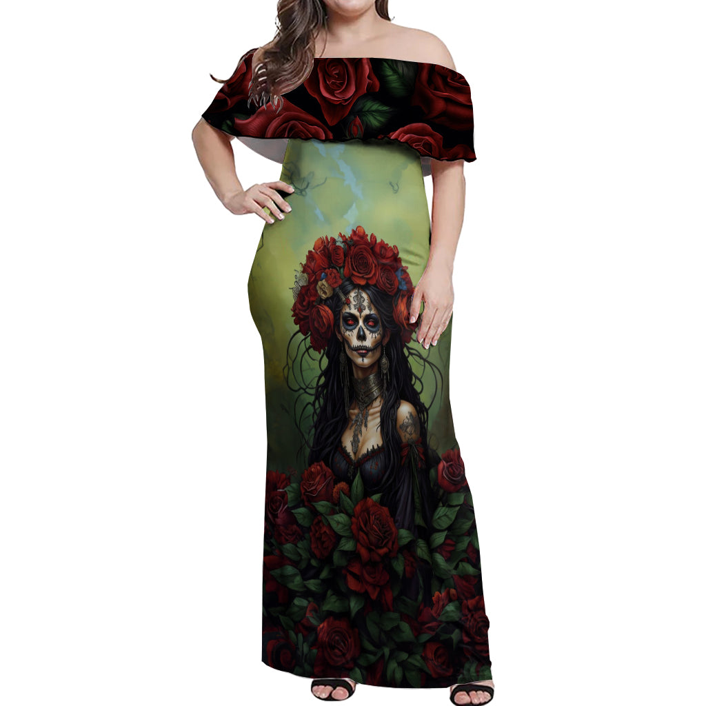 Day of Dead Lady Off Shoulder Maxi Dress Sugar Skull Rose Lady - Wonder Print Shop