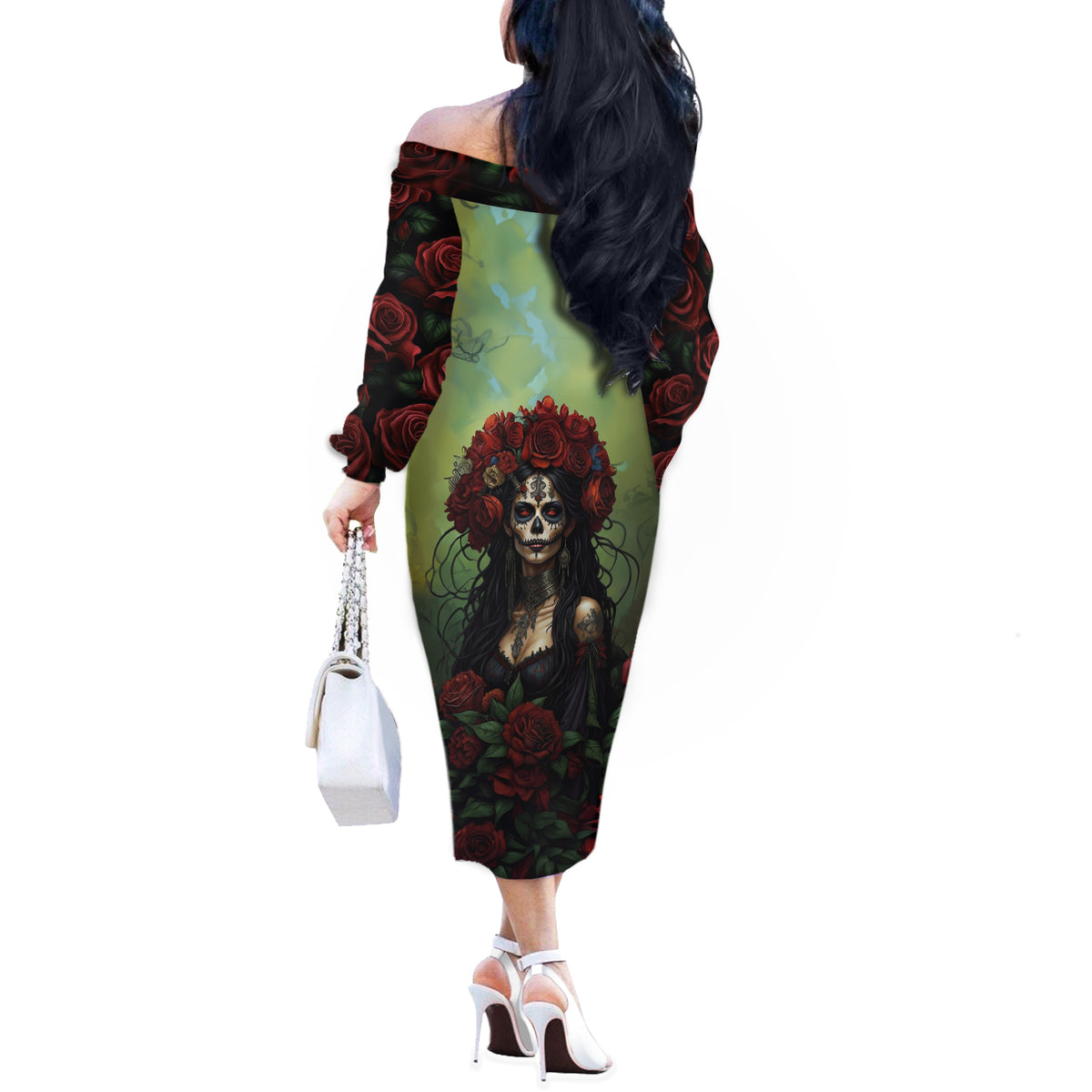 Day of Dead Lady Off The Shoulder Long Sleeve Dress Sugar Skull Rose Lady - Wonder Print Shop